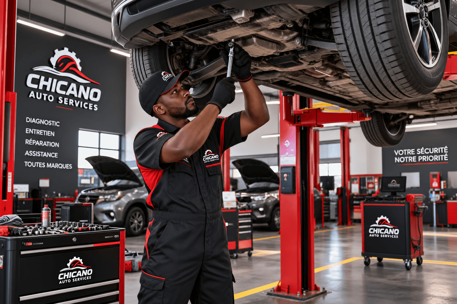 Atelier CHICANO AUTO SERVICES : techniciens au travail sur plusieurs véhicules, ponts élévateurs, équipement professionnel