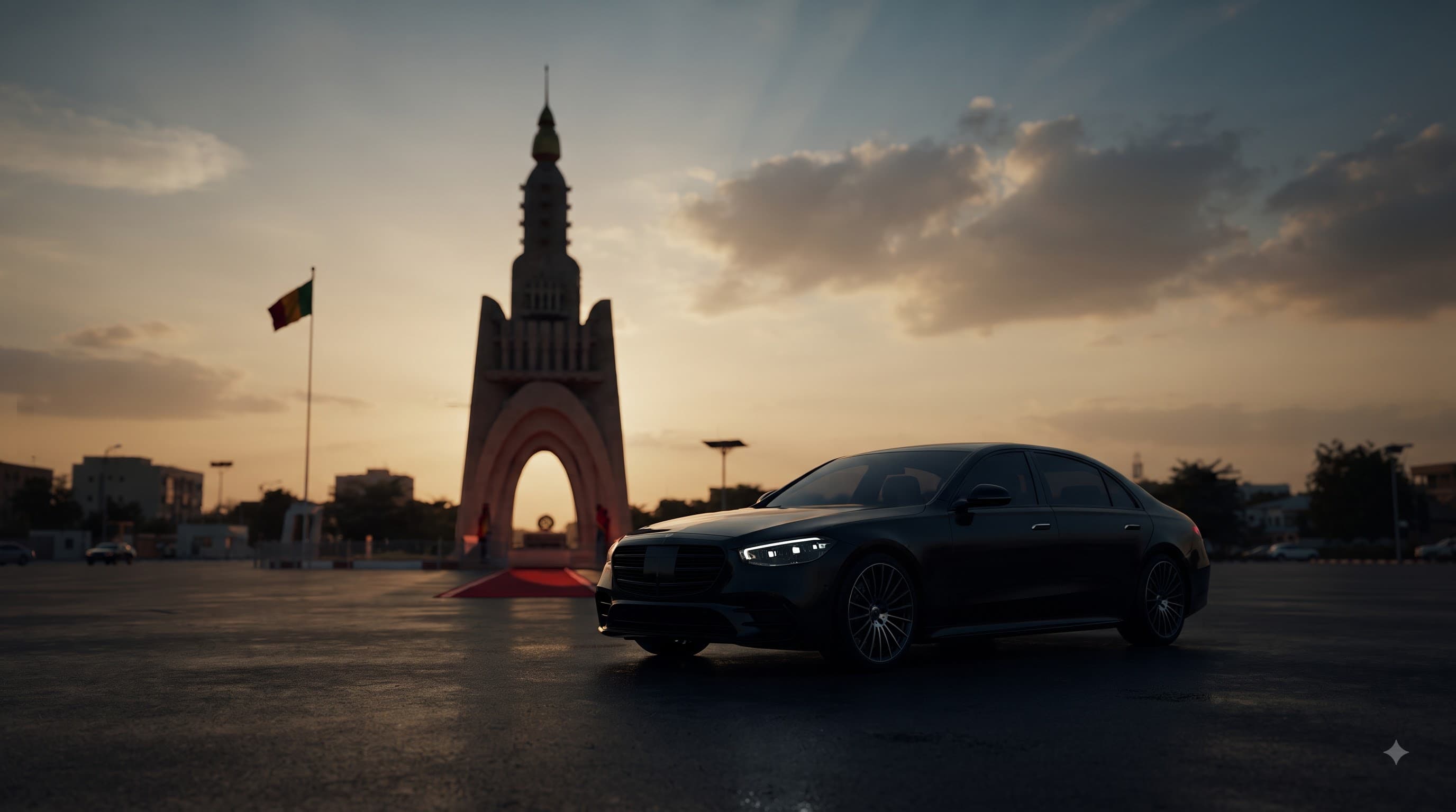Berline CHICANO AUTO SERVICES devant le Monument de l'Indépendance de Bamako au coucher du soleil