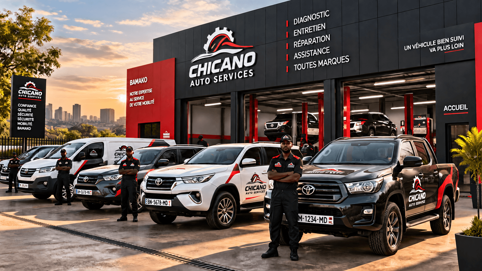 Flotte de véhicules professionnels CHICANO AUTO SERVICES et techniciens devant l'atelier à Bamako