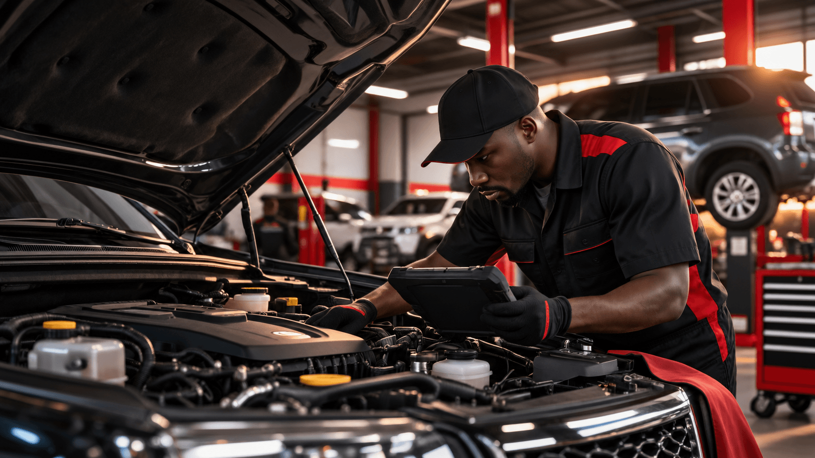 Technicien CHICANO AUTO SERVICES au diagnostic électronique, capot ouvert, atelier premium