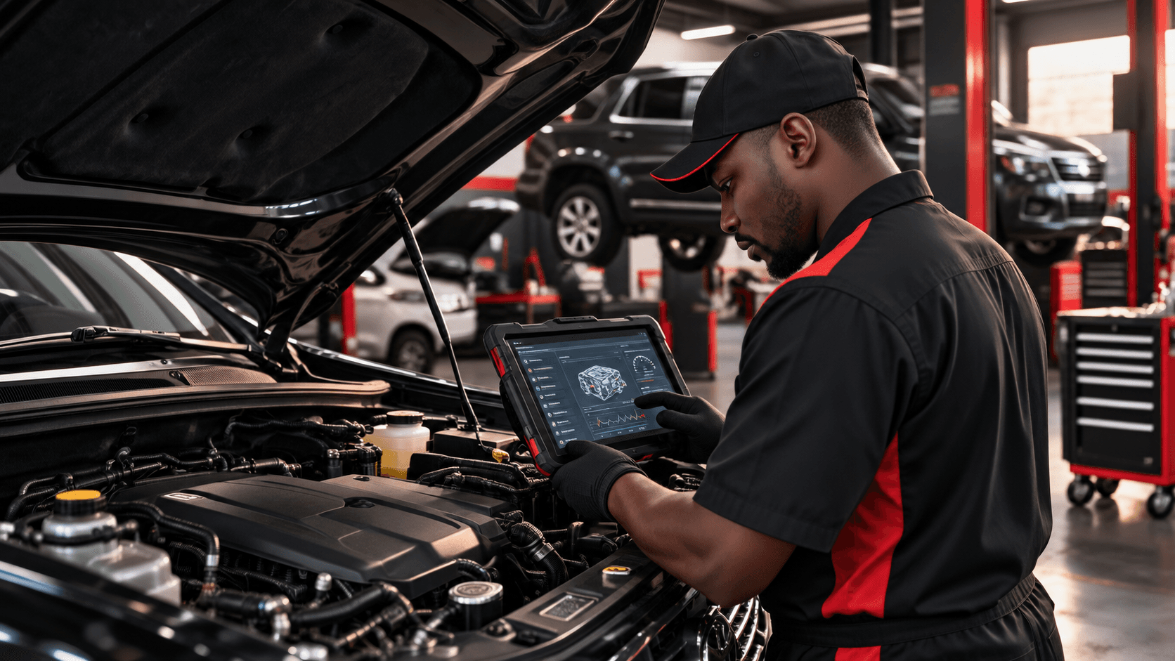 Technicien CHICANO AUTO SERVICES réalisant un diagnostic électronique, capot ouvert, moteur visible, à Bamako