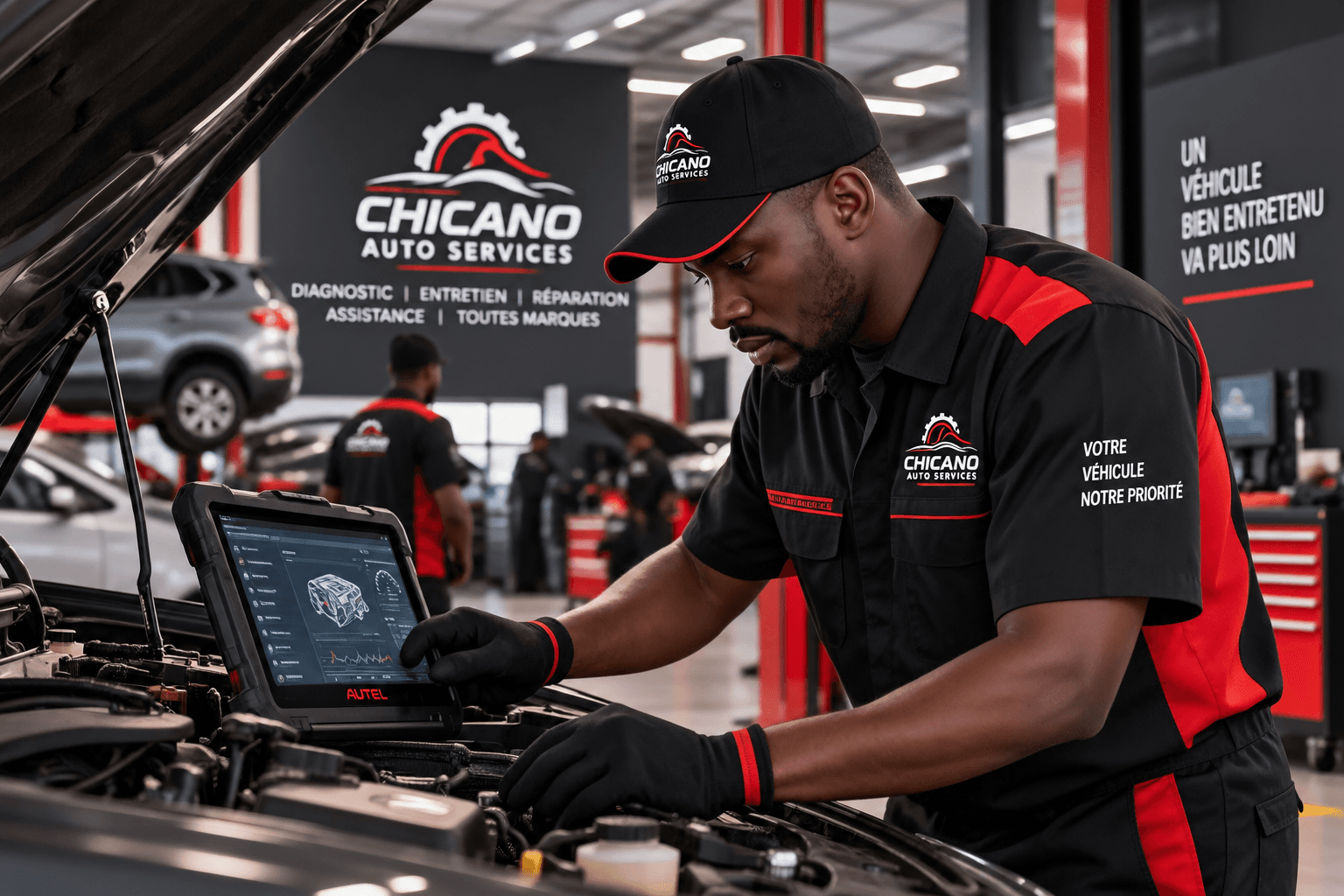 Technicien CHICANO AUTO SERVICES utilisant une tablette de diagnostic électronique sur un véhicule, capot ouvert, atelier CHICANO